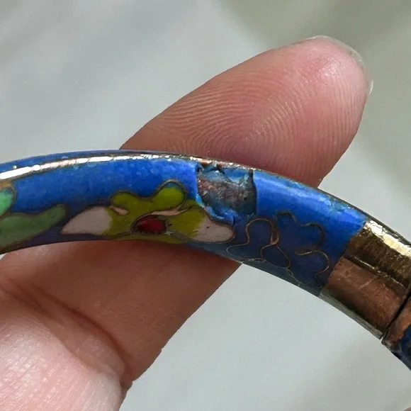 CLOISONNÉ BLUE Colorful Floral Bangle Bracelet 7 inches - Picture 4 of 6